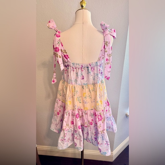 LOVESHACKFANCY Jeanne Pastel Floral Tiered Bow Strap Mini Dress 100% Cotton ~SM - Picture 12 of 16